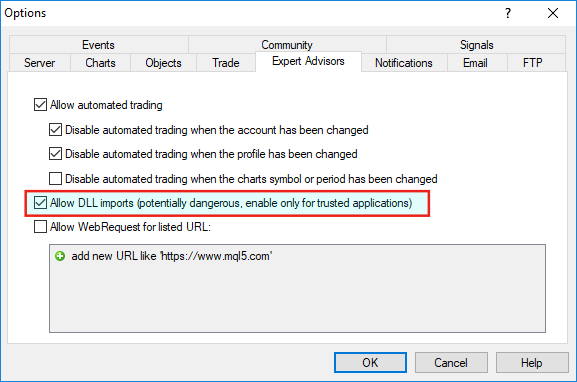 MT4 Options window