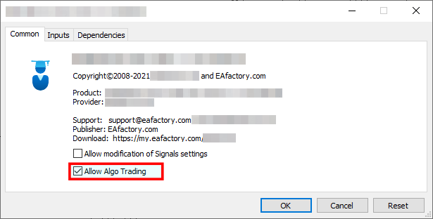 Property window, common tab