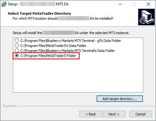 Select target directory window